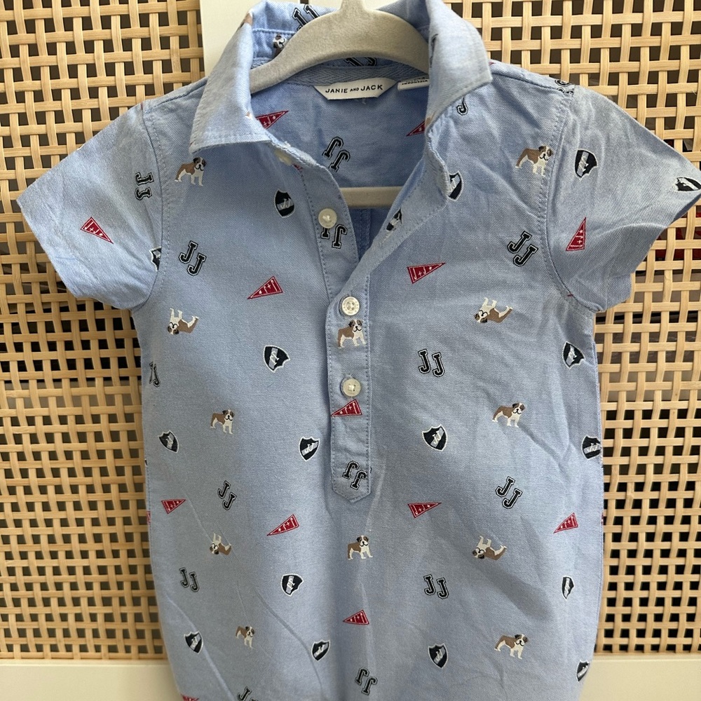 Janie and Jack Light Blue Romper with Dog and Flag Design